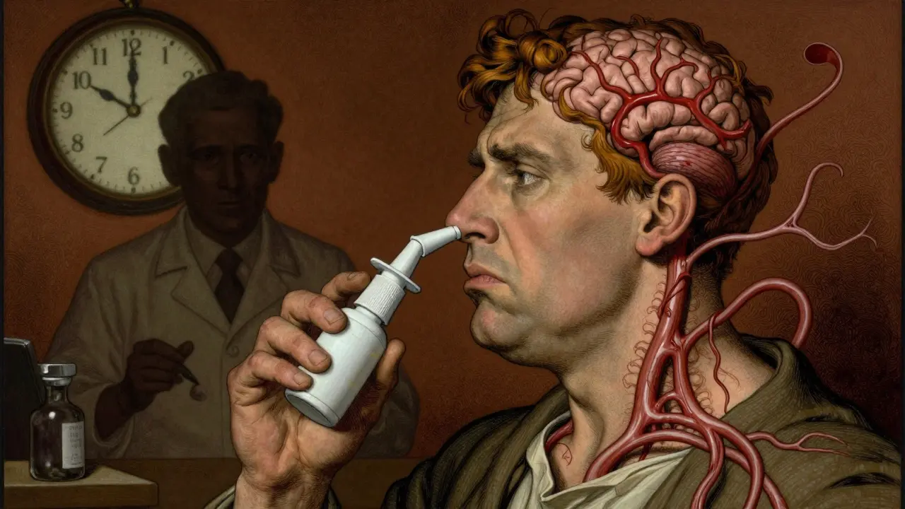 Man using nasal spray as twisted blood vessels rise toward his brain, with a clock showing three days passed.