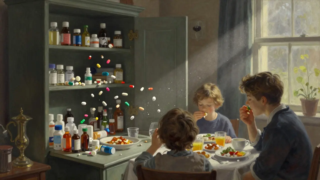 Medicine cabinet spilling pills into a family breakfast scene, with warning symbols floating in the air.