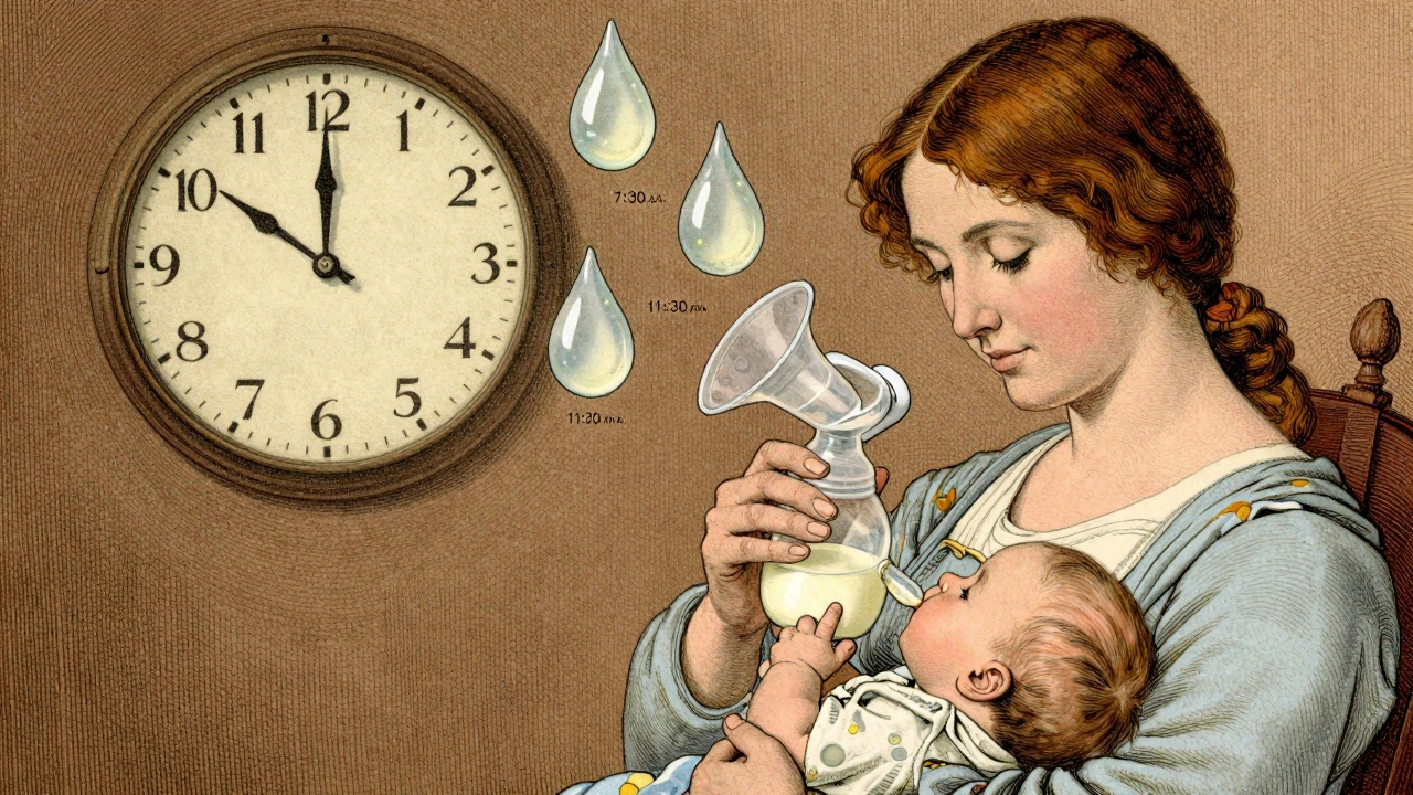Mother using a breast pump with timed milk droplets floating above, representing optimal dosing schedule.