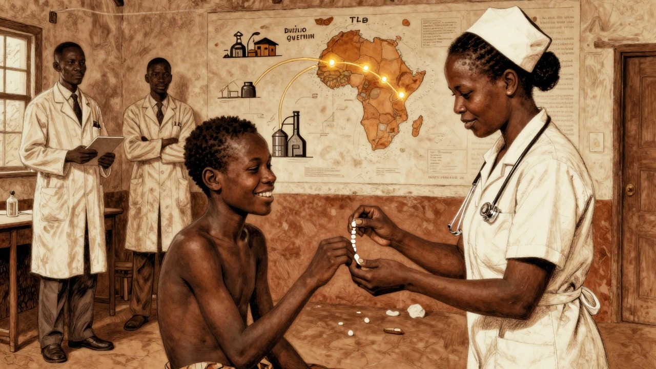 Nurse gives HIV pill to patient in rural clinic, mural shows African health supply network.