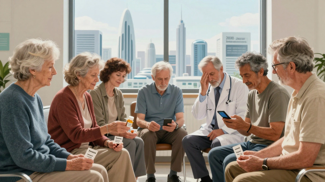 Older adults with HIV in clinic discussing meds, one rejecting St. John’s Wort, future medical towers visible through window.