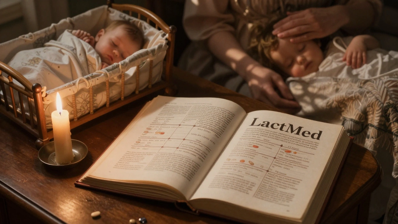 Open medical book showing drug half-life timelines beside a sleeping baby, illuminated by candlelight.