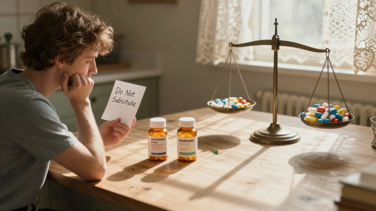 Patient with doctor&#039;s note &#039;Do Not Substitute&#039; beside three different generic pill bottles in sunlit kitchen.