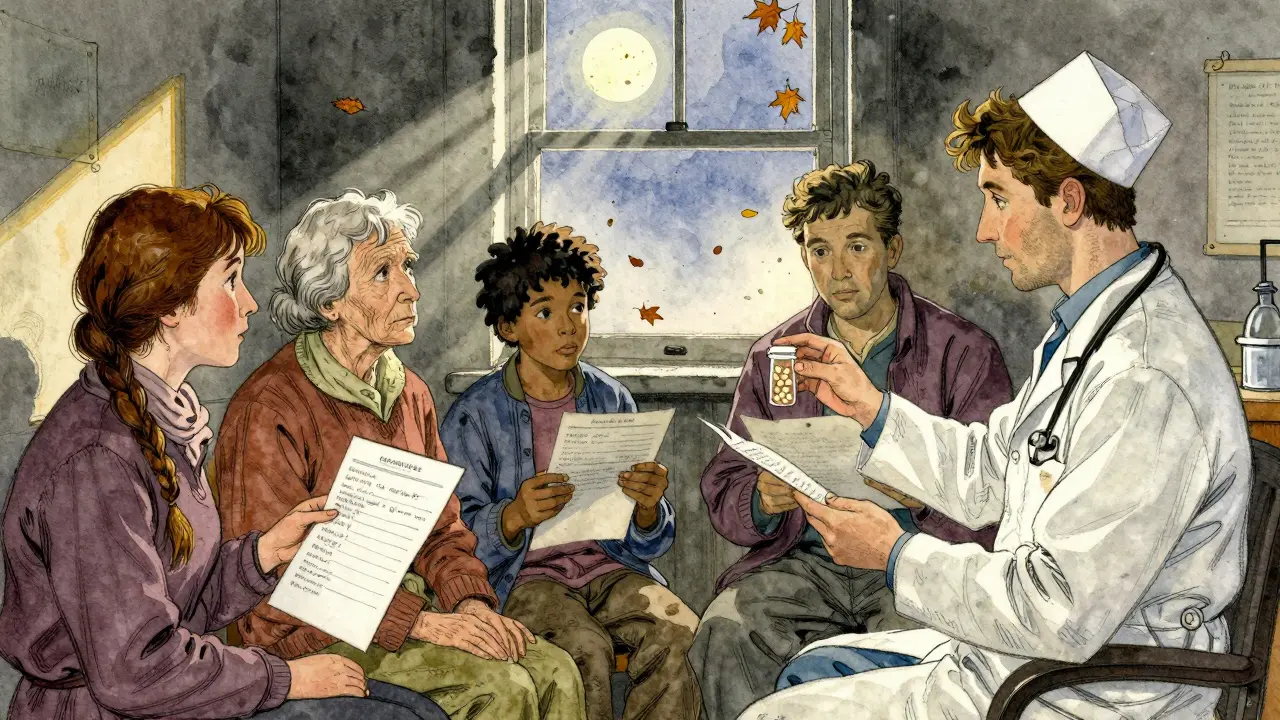 Patients and doctor in a clinic holding an empty pill bottle and handwritten medication lists.