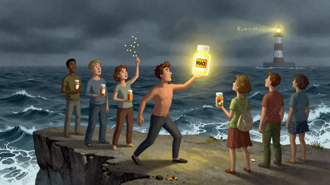 Patients on a cliff, one discarding old pills to reach a glowing MAOI patch as a lighthouse shines ahead.