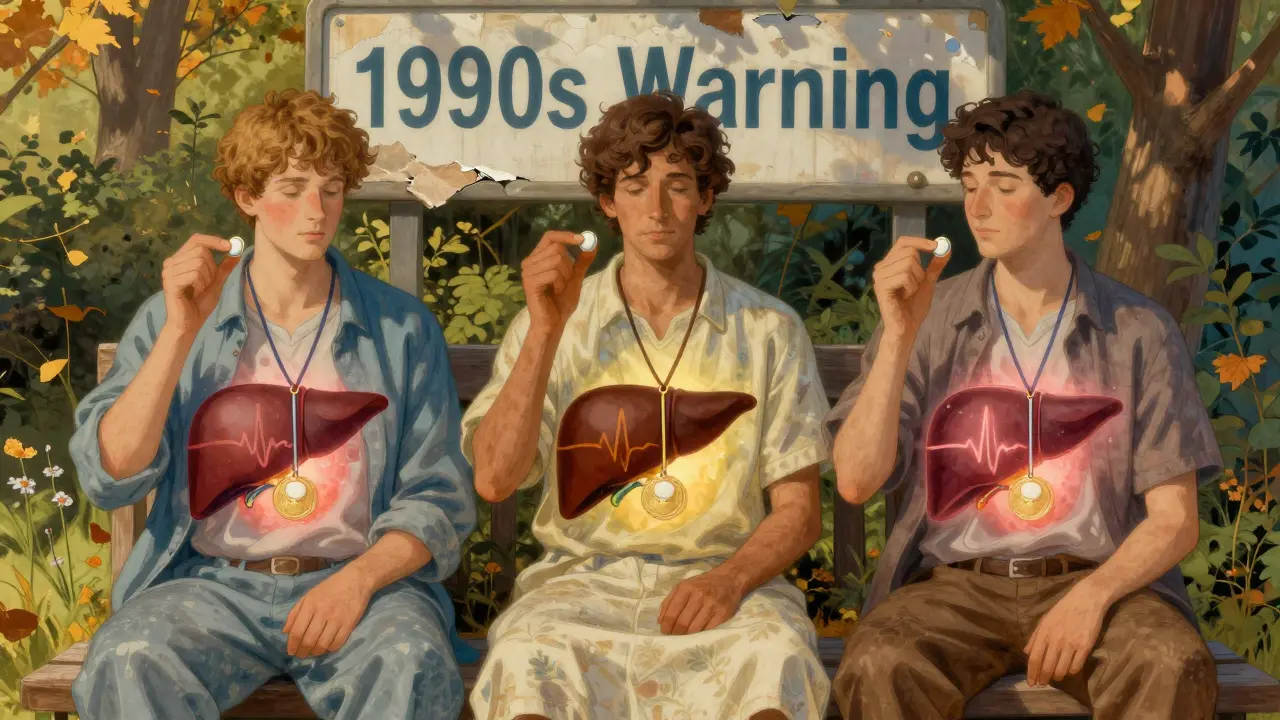 Patients with liver disease benefit from statins, shown as symbols of health and hope in a peaceful garden.