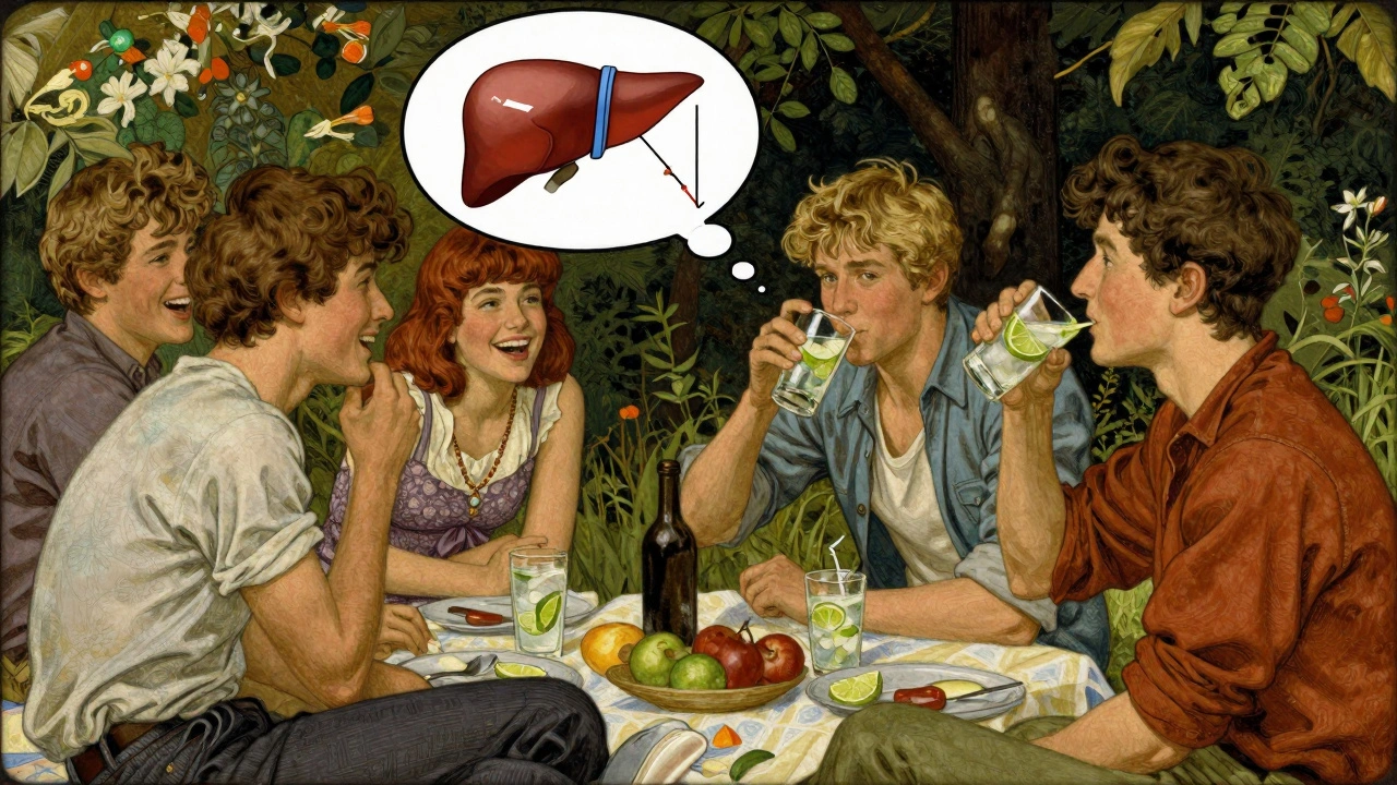 Person drinking safely at picnic, thought bubble showing liver with stop sign and falling glucose graph.