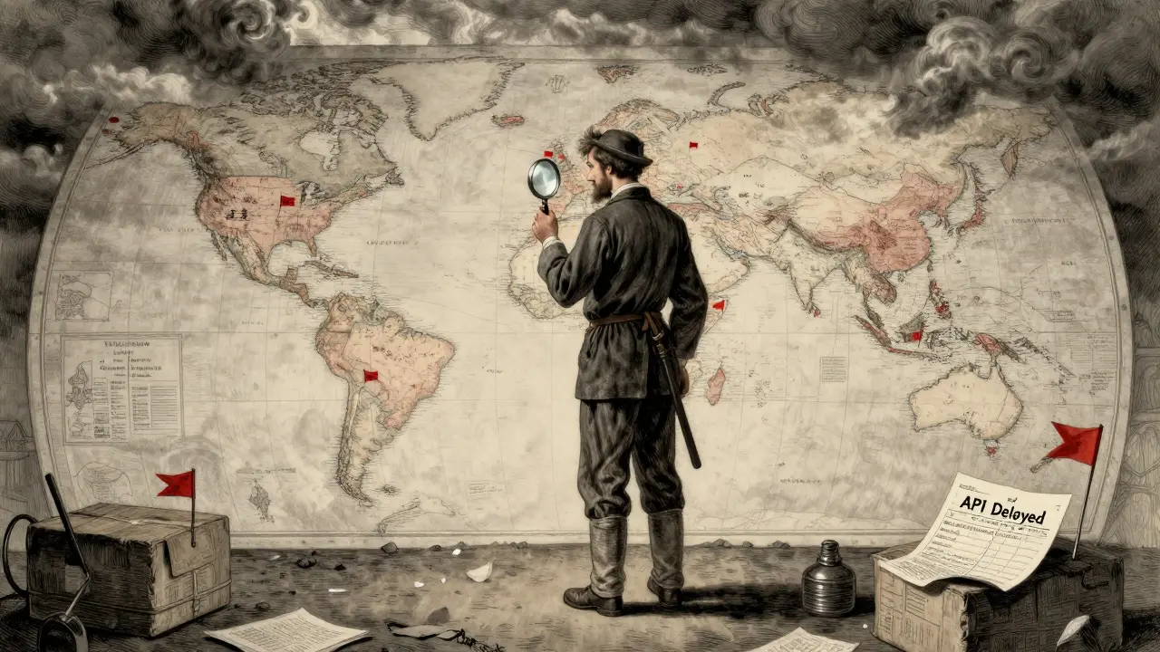 Pharmacist examining a global map marked with supply delays over India and China.