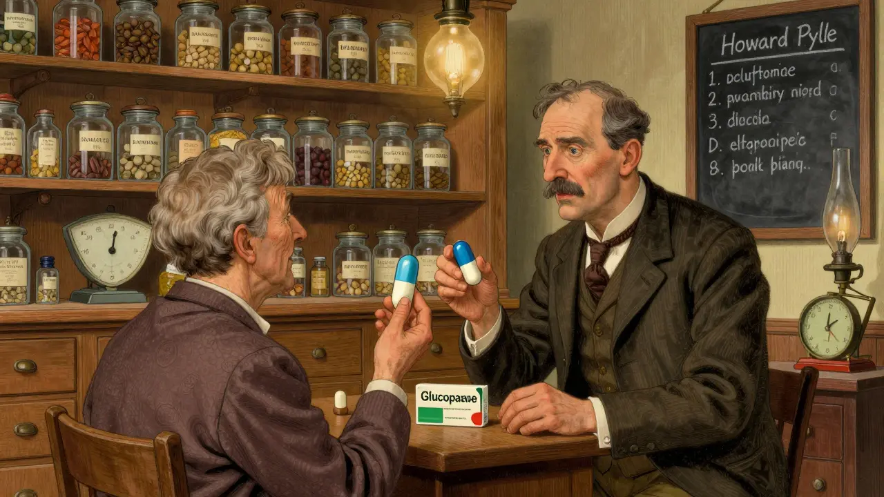Pharmacist showing two different pill shapes to a patient in a vintage apothecary shop.