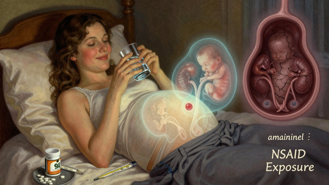 Pregnant woman resting in bed with acetaminophen and healthy fetal organs glowing softly around her.
