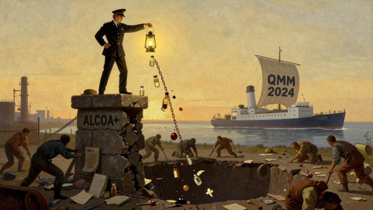 Quality officer holding lantern atop ALCOA+ pillar as toxic products fall into darkness below.