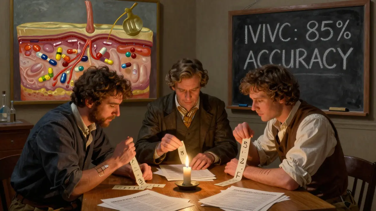 Researchers analyze tape strips from skin, with a painted cross-section of skin and drug molecules glowing behind them in a candlelit study.