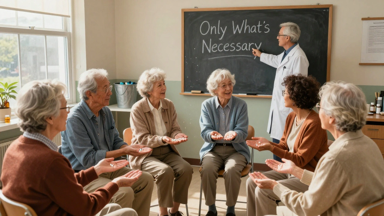 Seniors in a clinic circle holding one pill each, with a doctor pointing to a simple list.