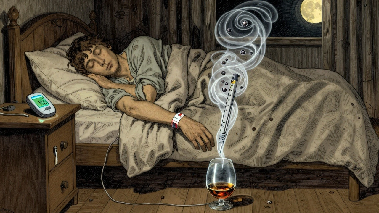 Sleeping person with glucose monitor glowing, alcohol molecules pulling blood sugar down at night.