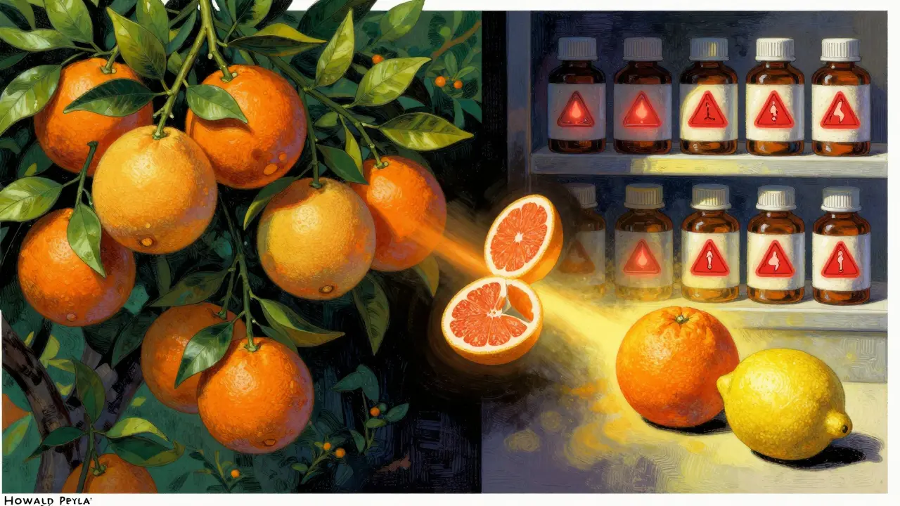 Split scene: dangerous citrus fruits on left, safe fruits on right, with warning labels on medicine bottles, Howard Pyle style.