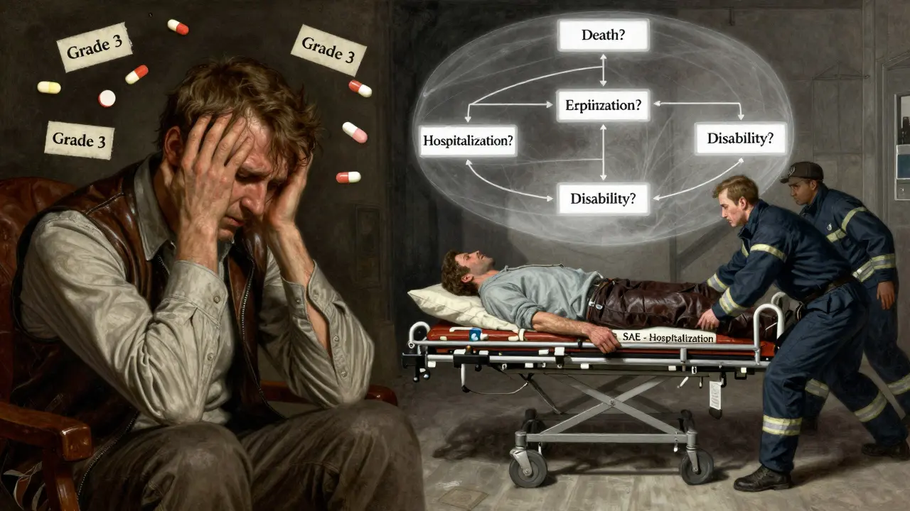 Split scene: patient with headache vs. same patient being hospitalized, decision tree above.