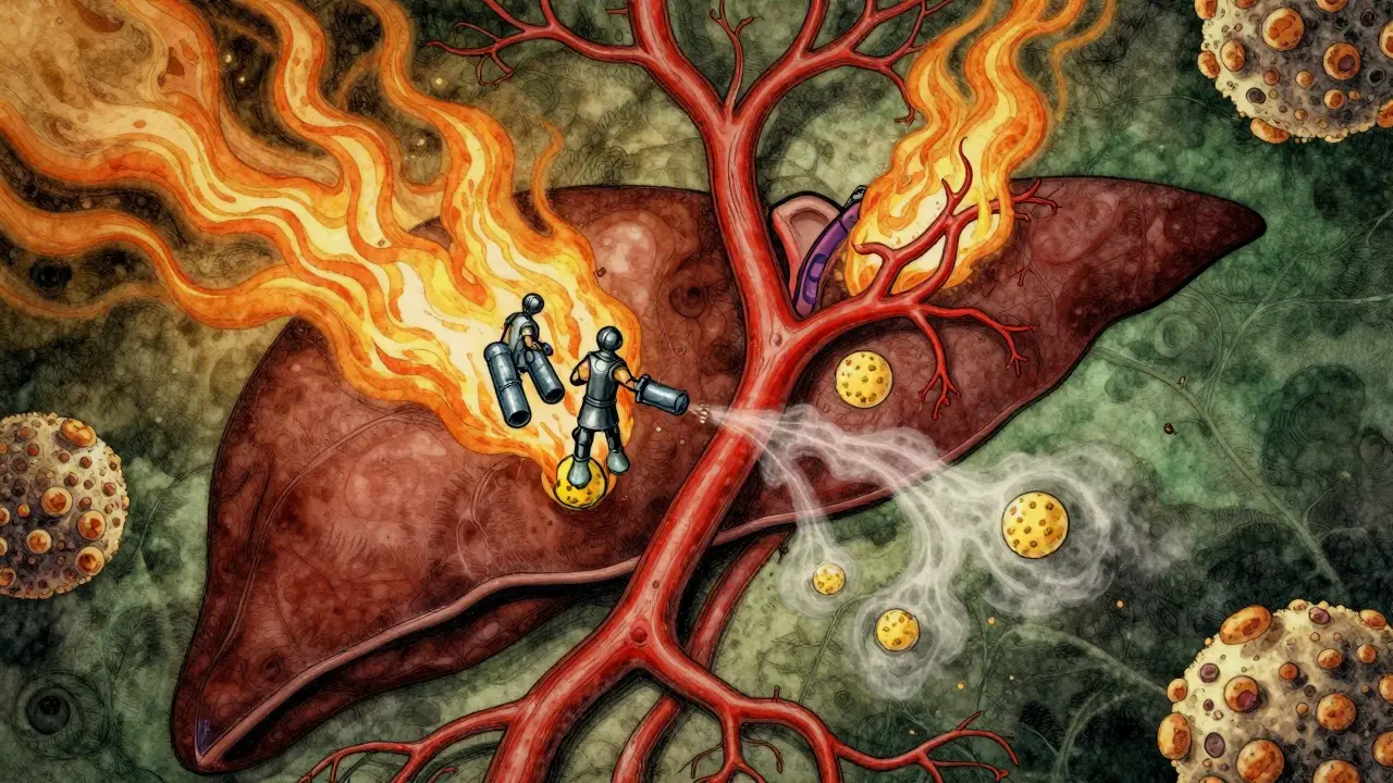 Statins relax liver blood vessels and reduce inflammation, depicted as heroic medical forces.