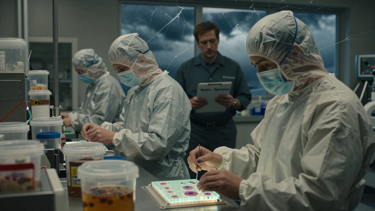 Sterile manufacturing room with bacterial growth on media plate and erased documentation.