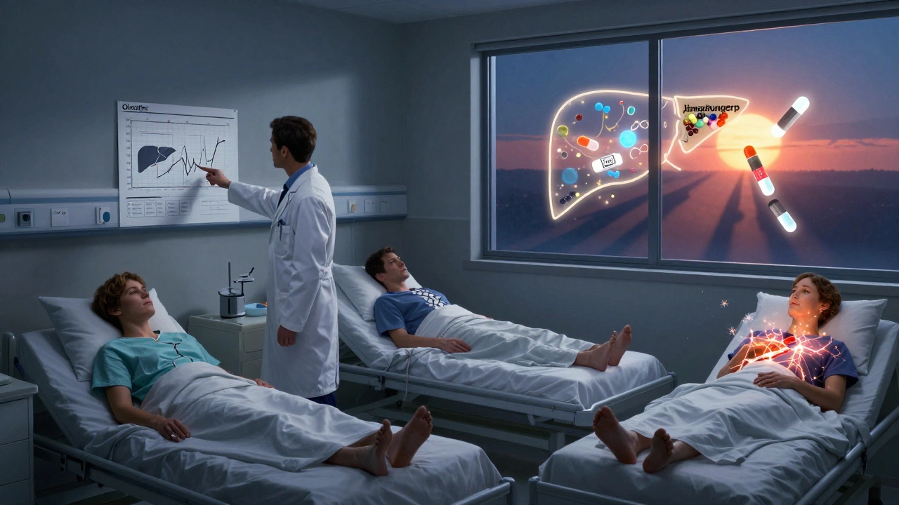 Three patients in a hospital ward each have fractured livers glowing with different risks, as a doctor points to test charts.