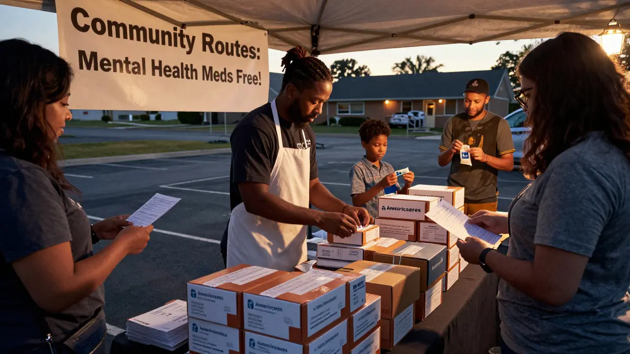 Volunteers sort donated pills under a tent as patients line up for free mental health medications in a church parking lot.
