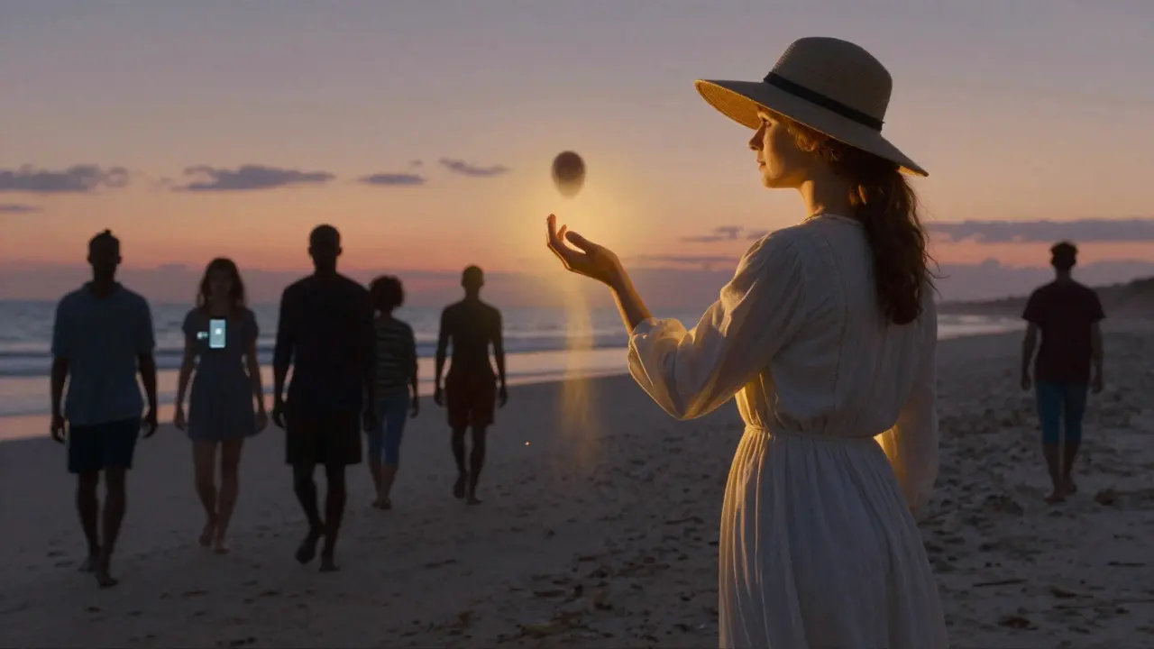 Woman on beach at dusk watching a melanoma lesion fade into light, with others walking confidently toward horizon.