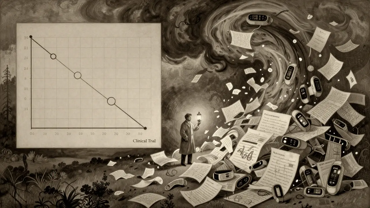 A chaotic mess of medical records and data contrasted with a neat clinical chart, lit by a lone doctor's lantern.