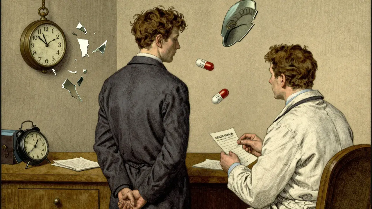 A doctor handing a prescription while floating symbols of time and identity break apart in the air.