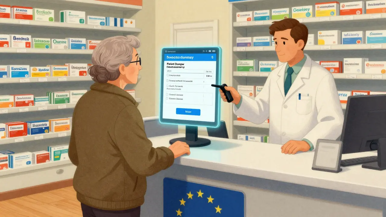 A German retiree in Portugal uses her digital ID to access her translated medical summary at a cross-border pharmacy.