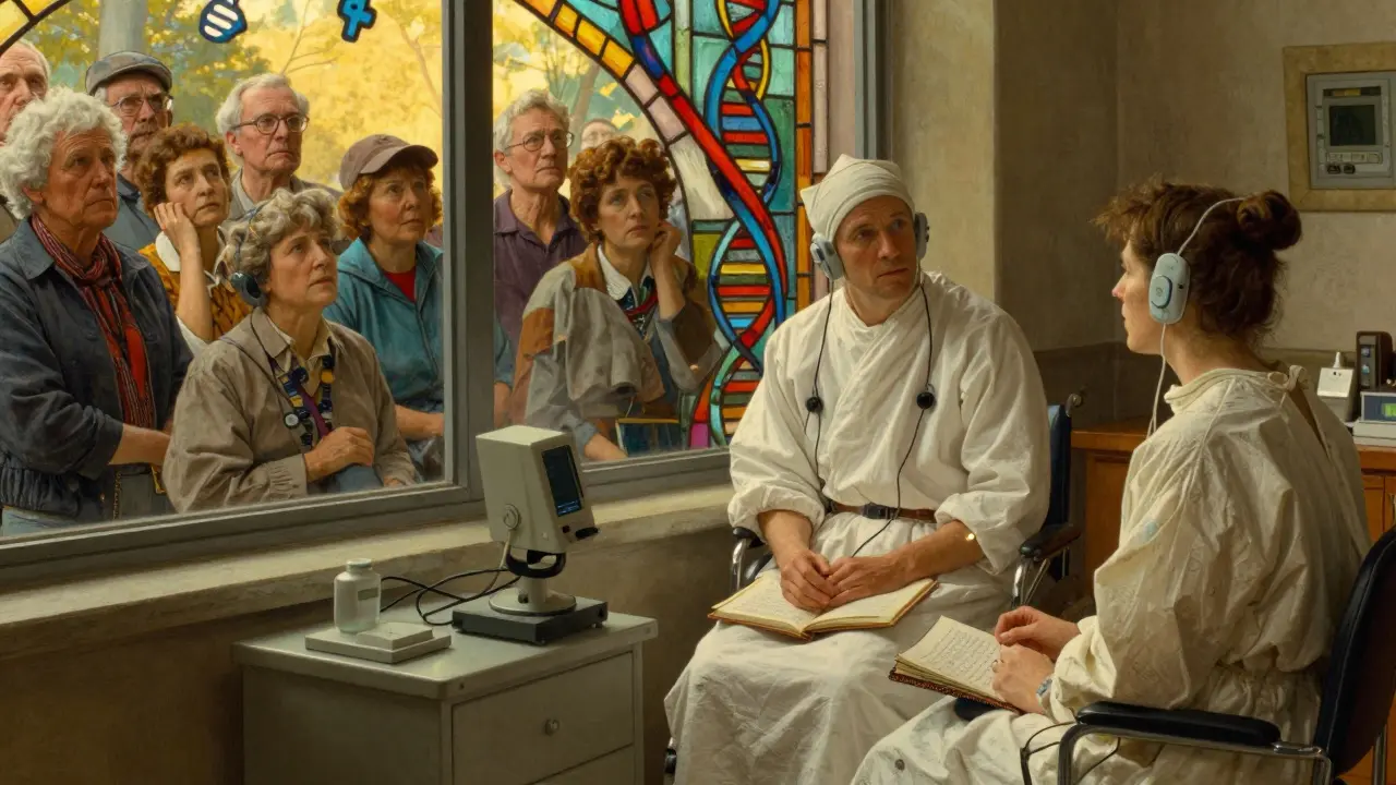 A hybrid clinic where trial patients and real-world observers watch each other through glass, bathed in golden light.