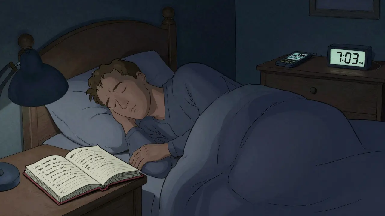 A man sleeping peacefully in a dark room with a journal showing his daily health habits.