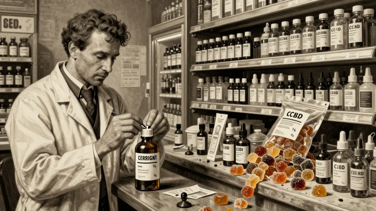 A pharmacist labels regulated cannabis oil while unlabeled CBD products spill from a gas station shelf.