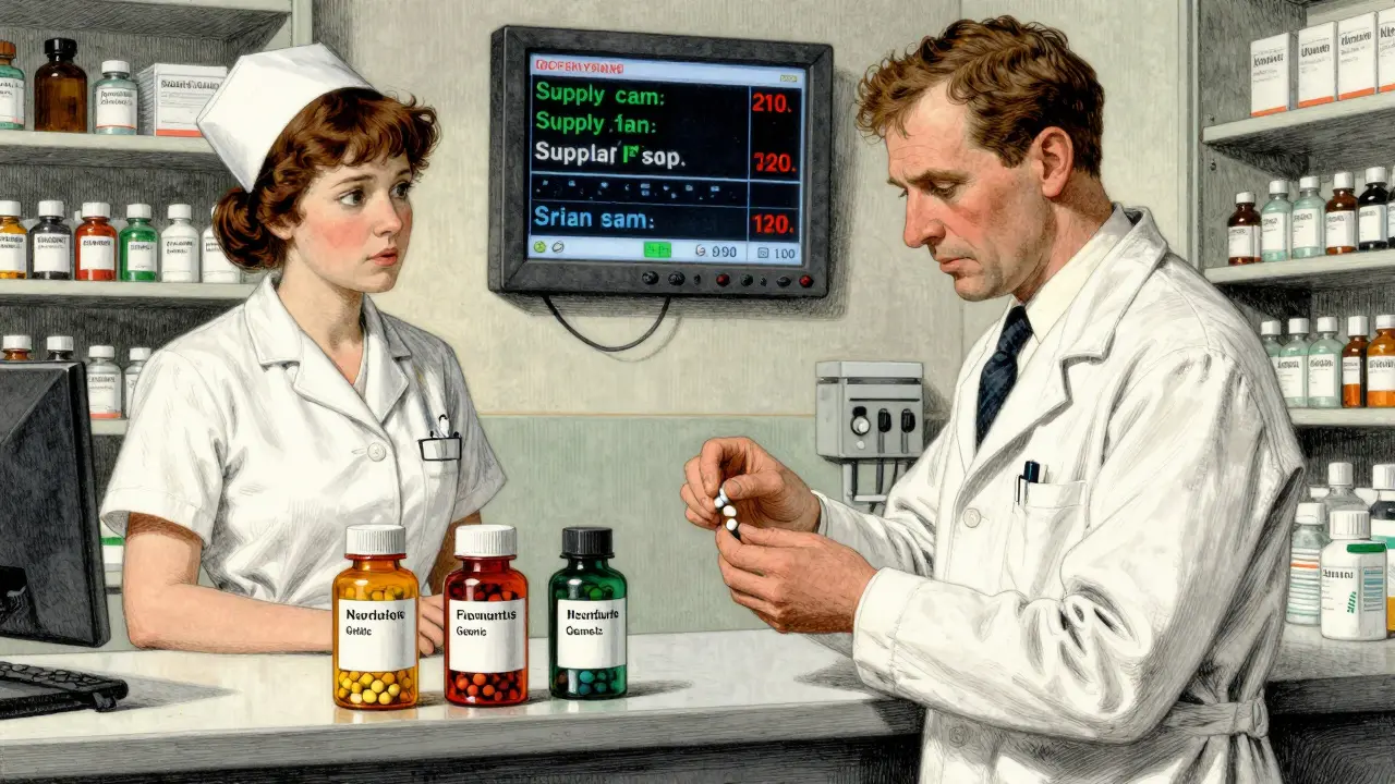 A pharmacist swaps generic medications with different pill appearances while a nurse observes closely.
