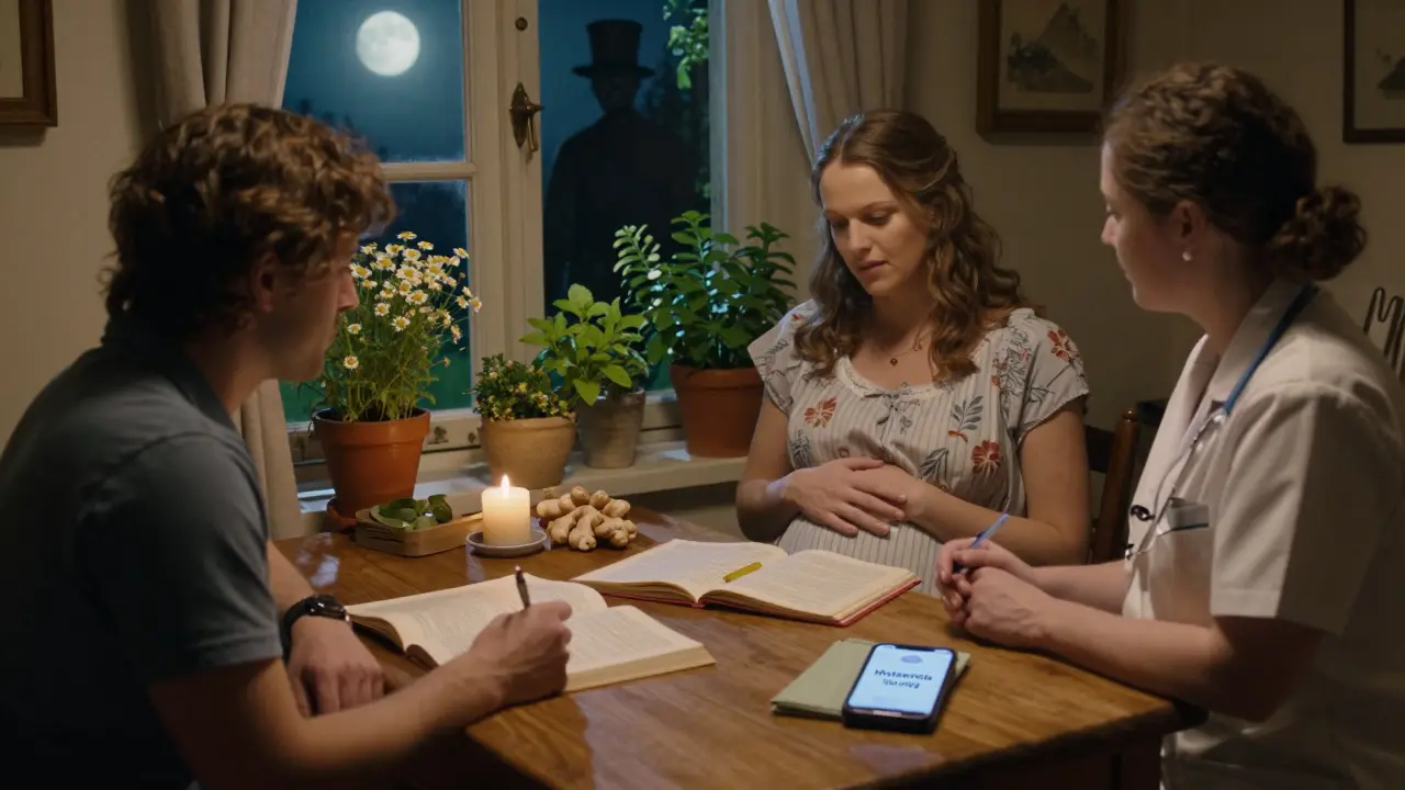 A pregnant woman and her support team review safe pregnancy options with trusted resources at night.