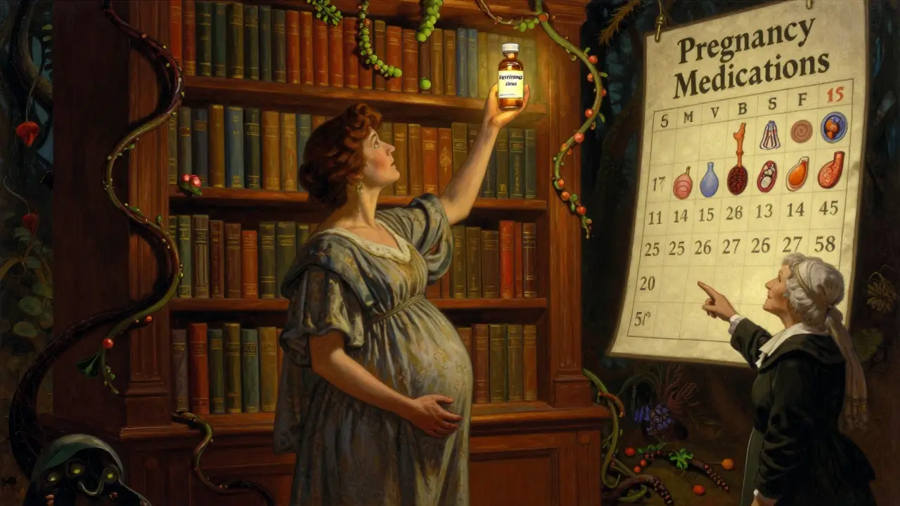A pregnant woman reaching for a safe medication as dangerous drugs coil like vines around a towering bookshelf of pregnancy risks.