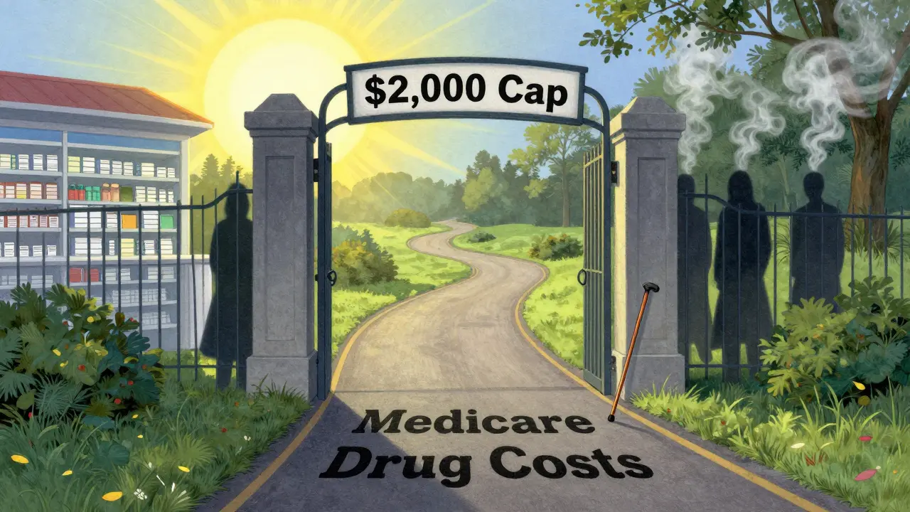 A symbolic road ending at a gate labeled ',000 Cap' with shadowy medical bills fading away.