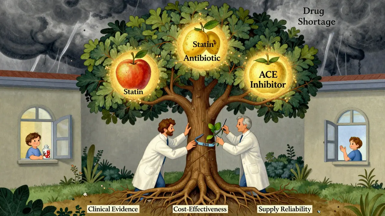 A symbolic tree represents a hospital formulary, with roots in evidence and cost, bearing approved drugs as fruit.
