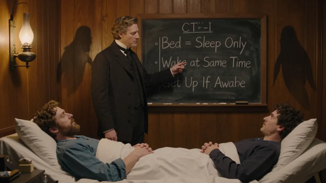 A therapist explains CBT-I principles on a chalkboard to a patient in a warm, candlelit room.