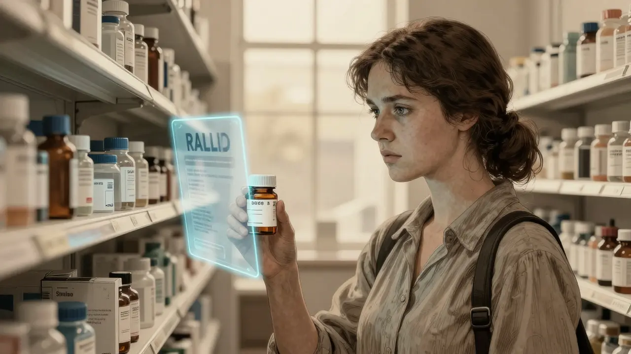 A woman holds a prescription bottle with a visible lot number as a recall alert glows beside her.