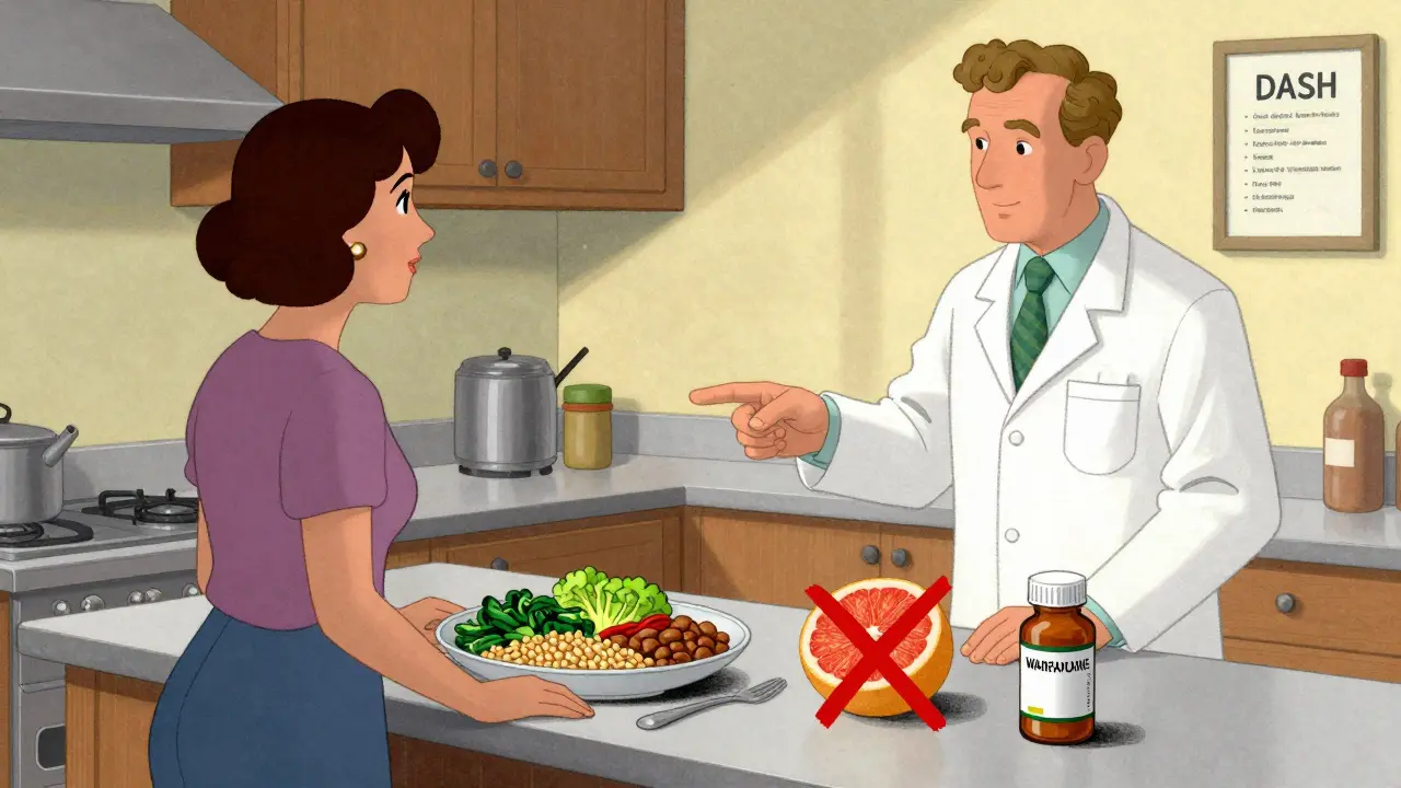 A woman preparing a healthy meal while a pharmacist warns about grapefruit interacting with medication.