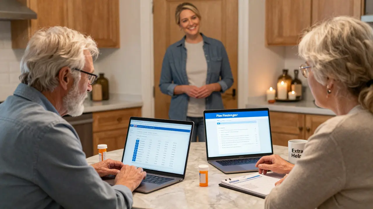 An elderly couple reviewing Medicare plan options at their kitchen table with a counselor nearby.