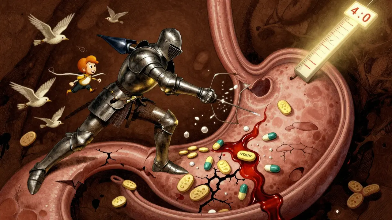 Armored warfarin and NSAID knights battle inside a bleeding stomach, with platelets fleeing and INR scale tipping.