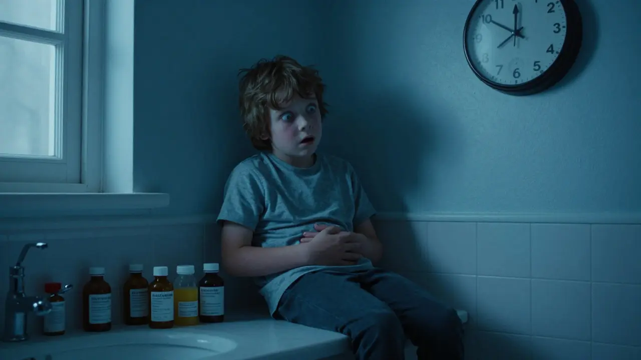 Child slumped on bathroom counter surrounded by medicine bottles, pale face lit by morning light.