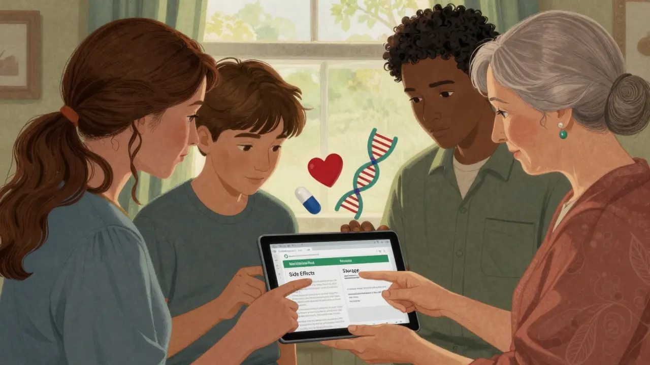 Diverse family members reviewing MedlinePlus drug information on a tablet together.