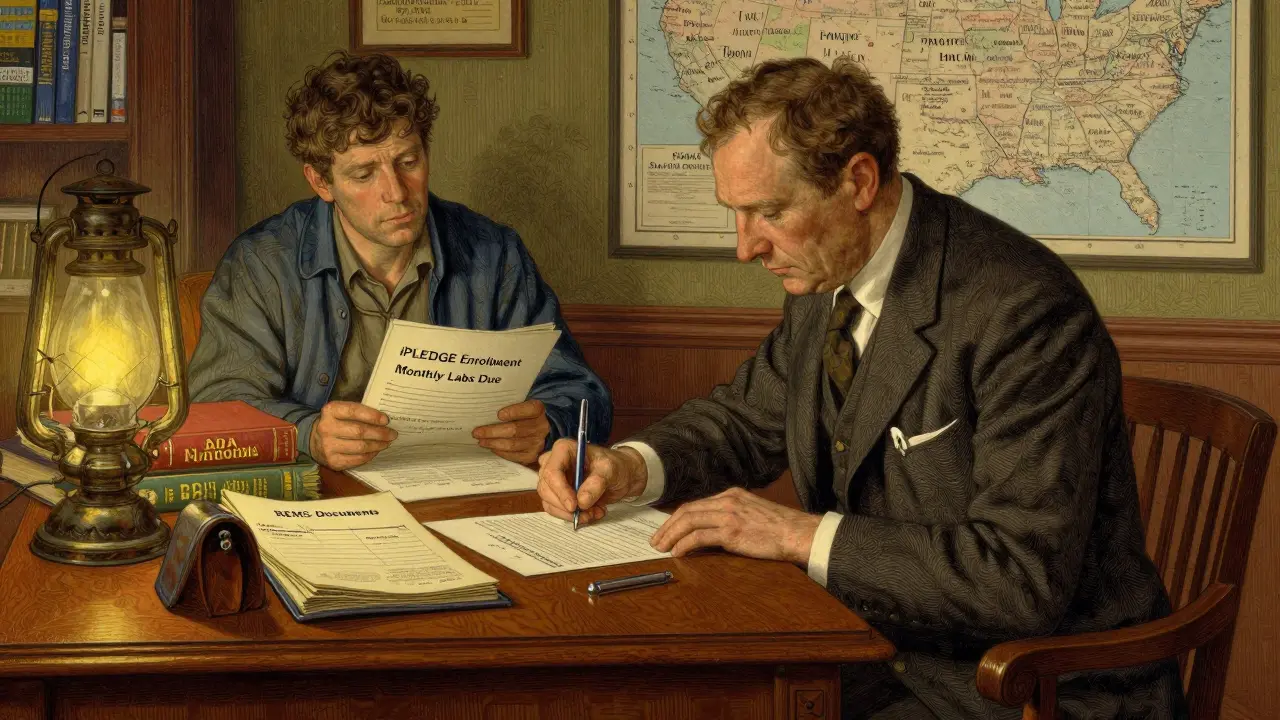 Doctor signing REMS certification at a wooden desk with patient waiting, antique pharmacy setting with maps and ledgers.