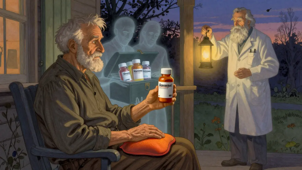 Elderly man uses safe pain relief on porch as dangerous NSAID bottles are locked away by pharmacist.