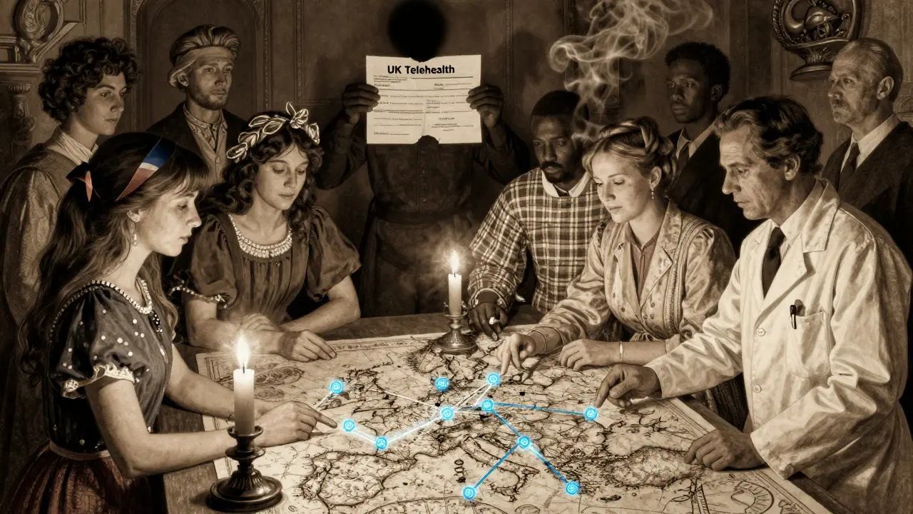EU citizens and a pharmacist study a glowing map showing digital prescription connections across Europe.