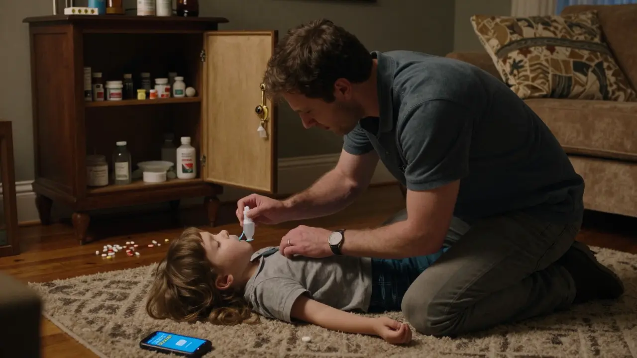 Father giving naloxone to unresponsive child, open medicine cabinet and phone with Poison Control number visible.
