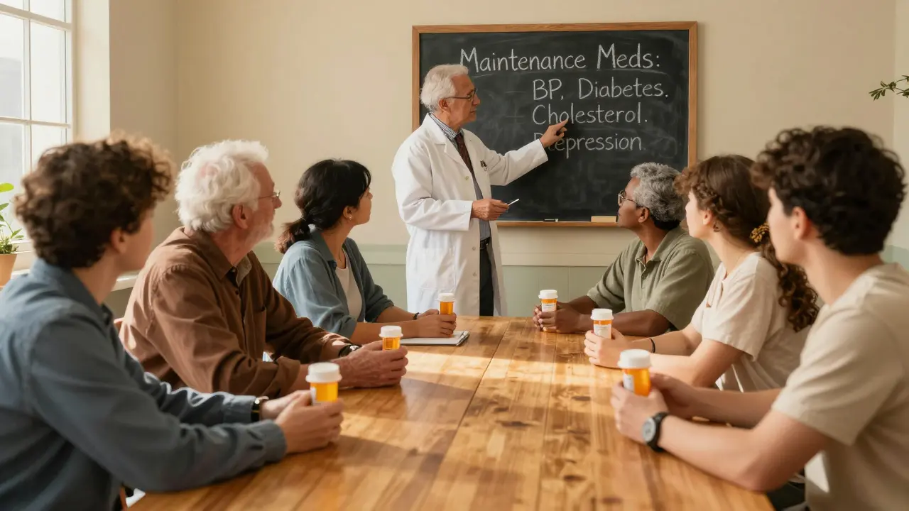 Group of patients learning about maintenance meds from a pharmacist