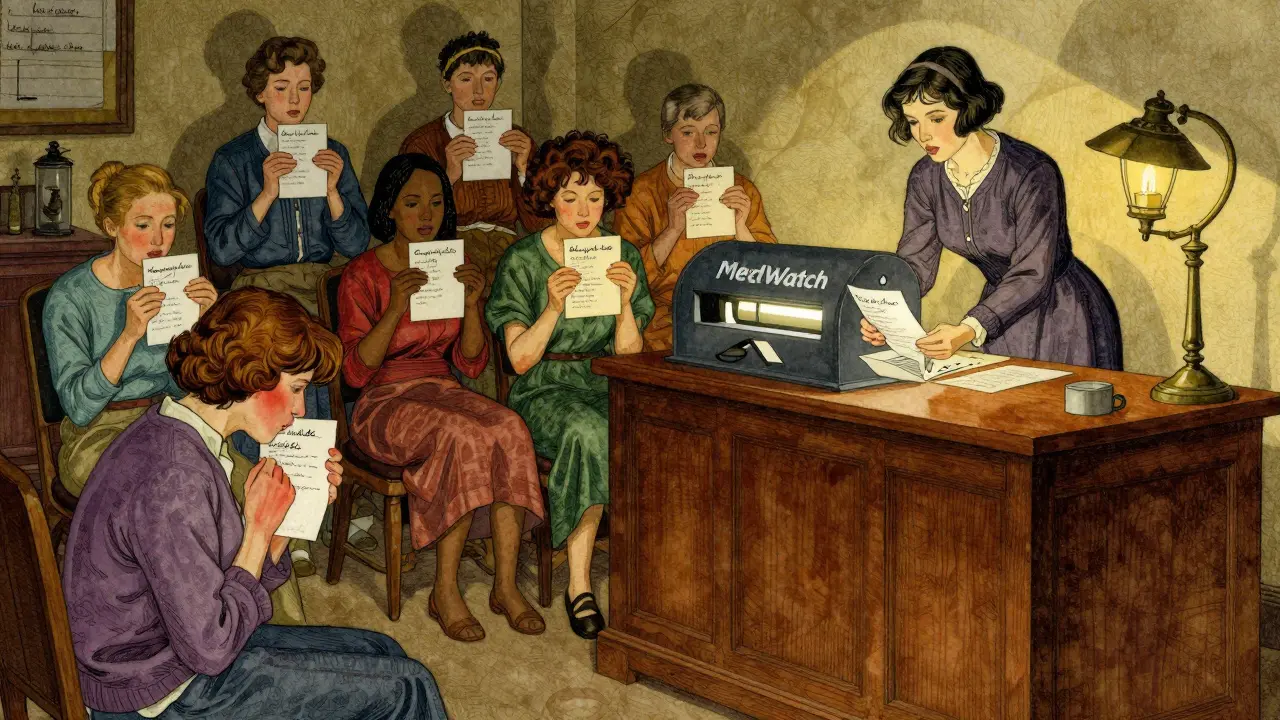 Group of patients mailing side effect reports to FDA in a candlelit room, one woman at a wooden desk.