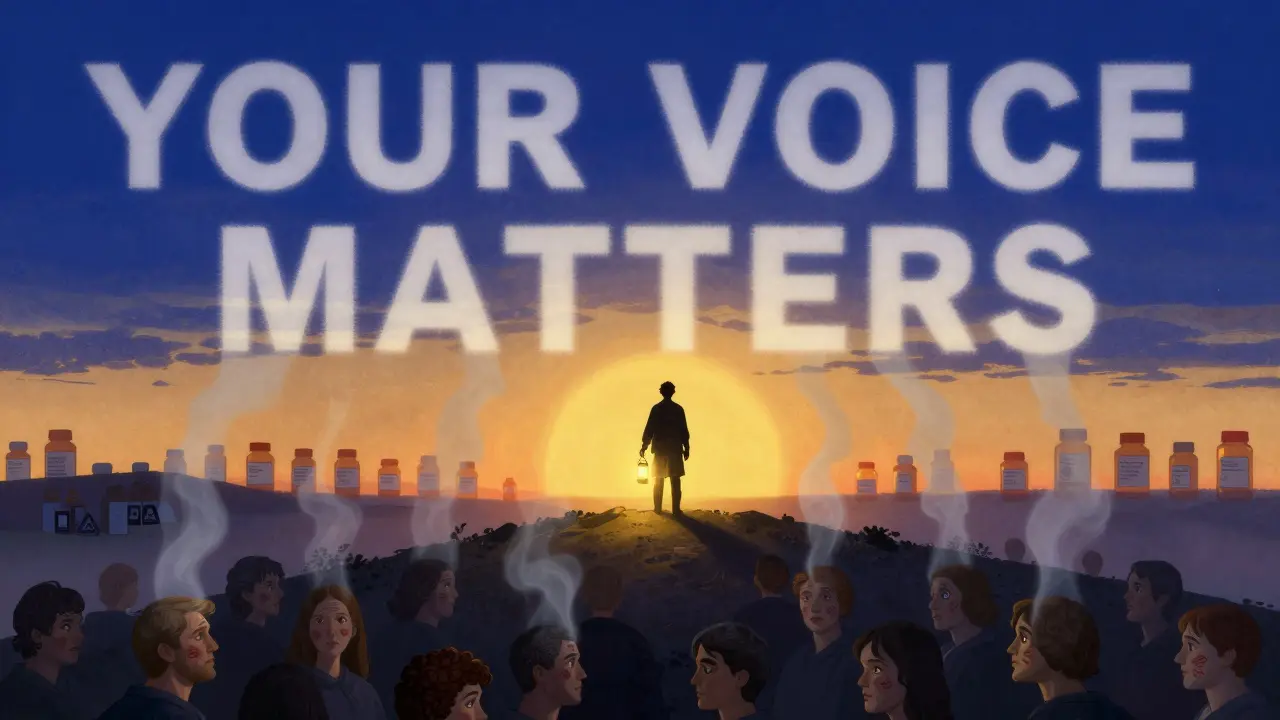 Lone figure with lantern illuminating faces below, symptoms rising as ghostly silhouettes into sky.